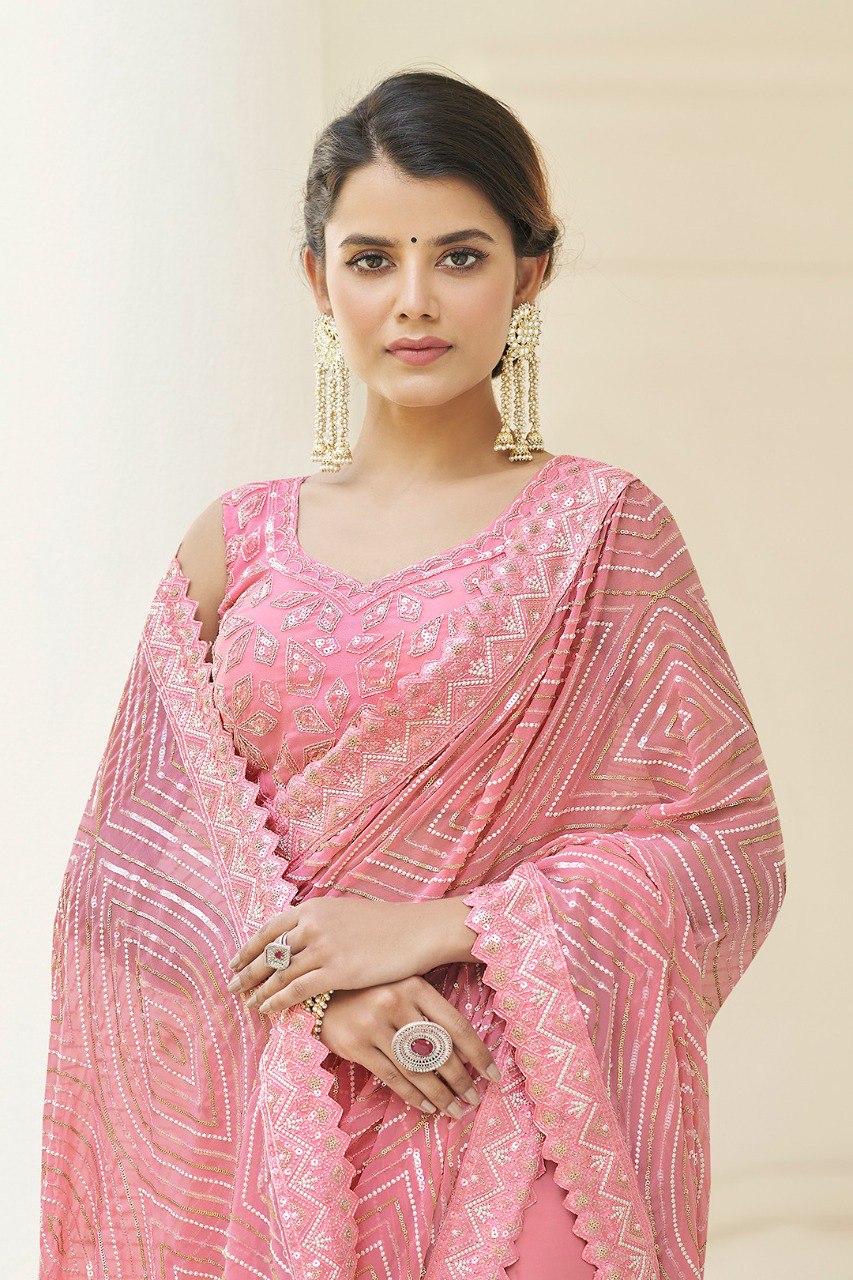 Pink Georgette Saree with Thread & Sequins Work - ETHNICDEAL