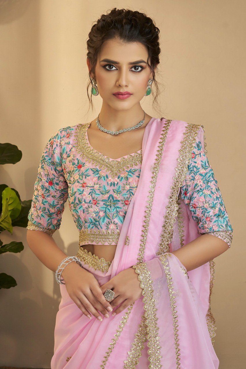 Pink Organza Saree With Resham & Zari Embroidery - ETHNICDEAL