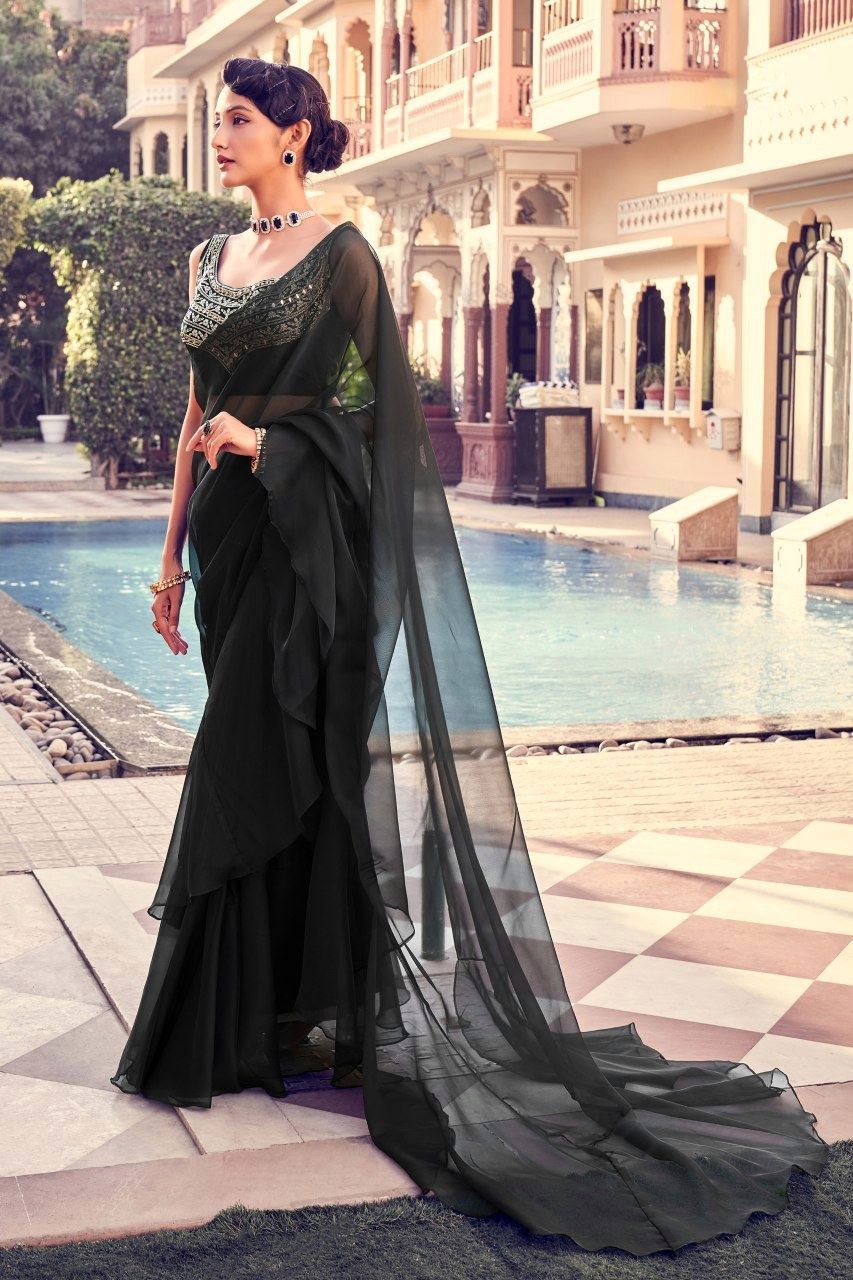 Stunning Black Organza Saree with Intricate Mirror & Embroidery Work - ETHNICDEAL