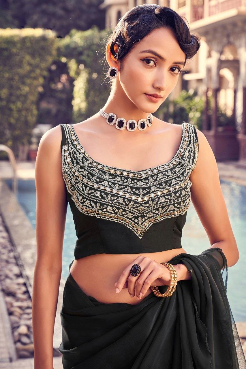 Stunning Black Organza Saree with Intricate Mirror & Embroidery Work - ETHNICDEAL