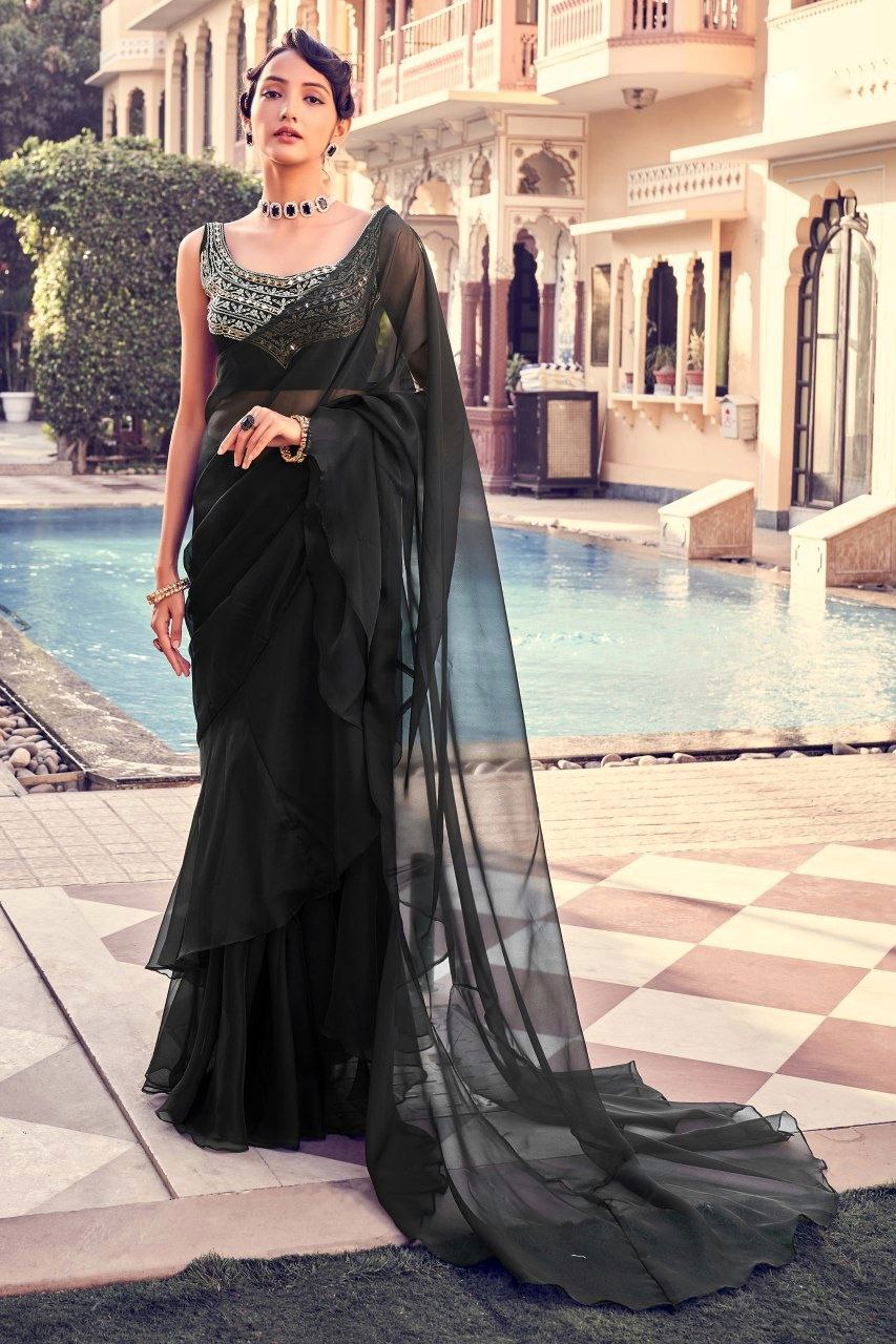 Stunning Black Organza Saree with Intricate Mirror & Embroidery Work - ETHNICDEAL