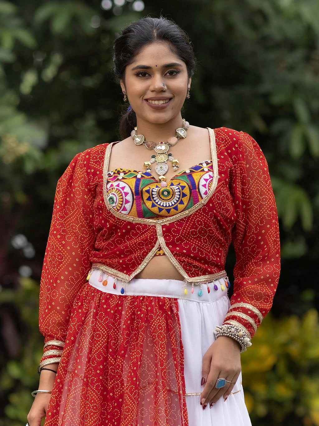 Regal White Rayon Bandhani Printed Navratri Wear Crop Top Lehenga