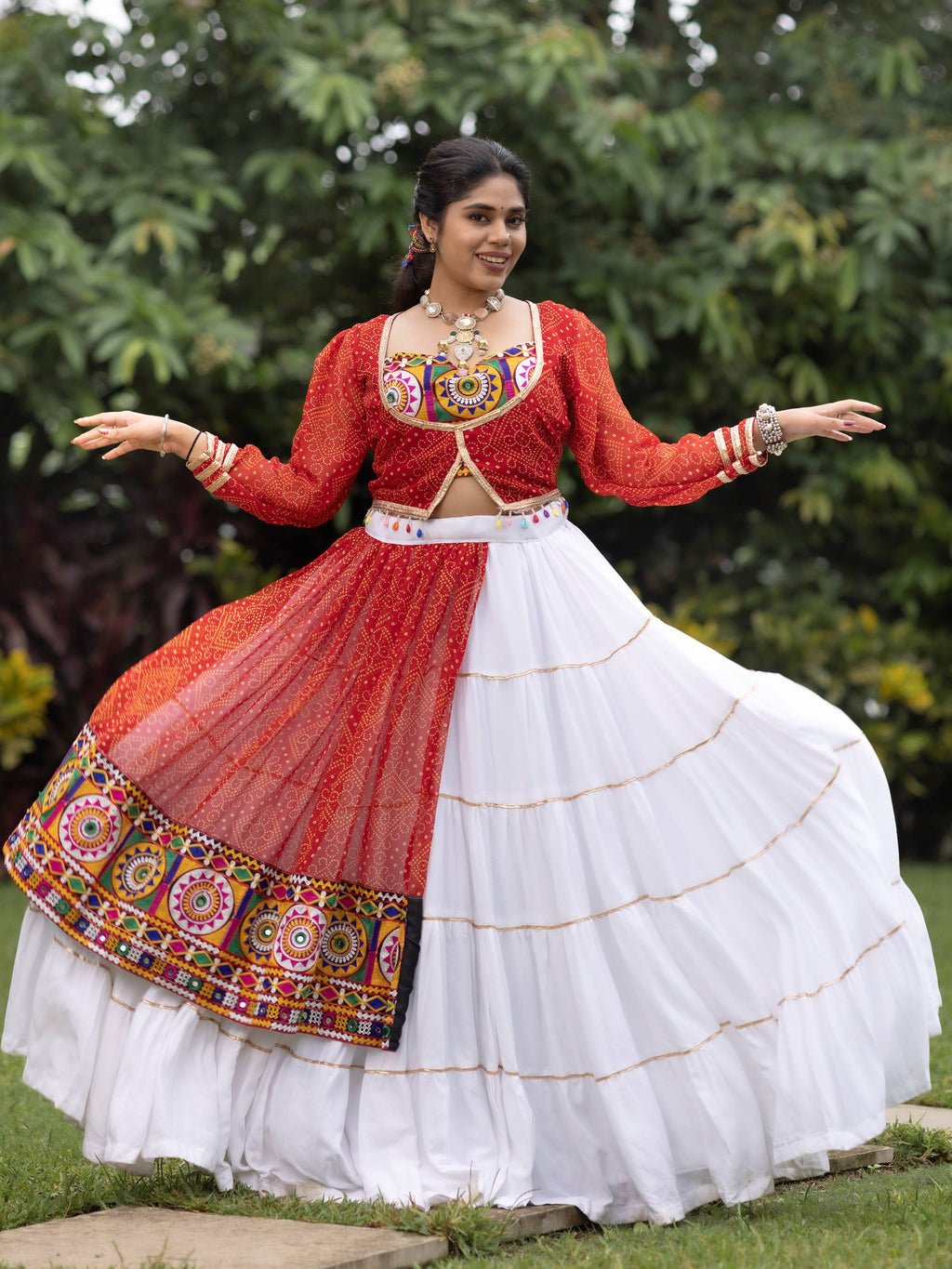 Regal White Rayon Bandhani Printed Navratri Wear Crop Top Lehenga