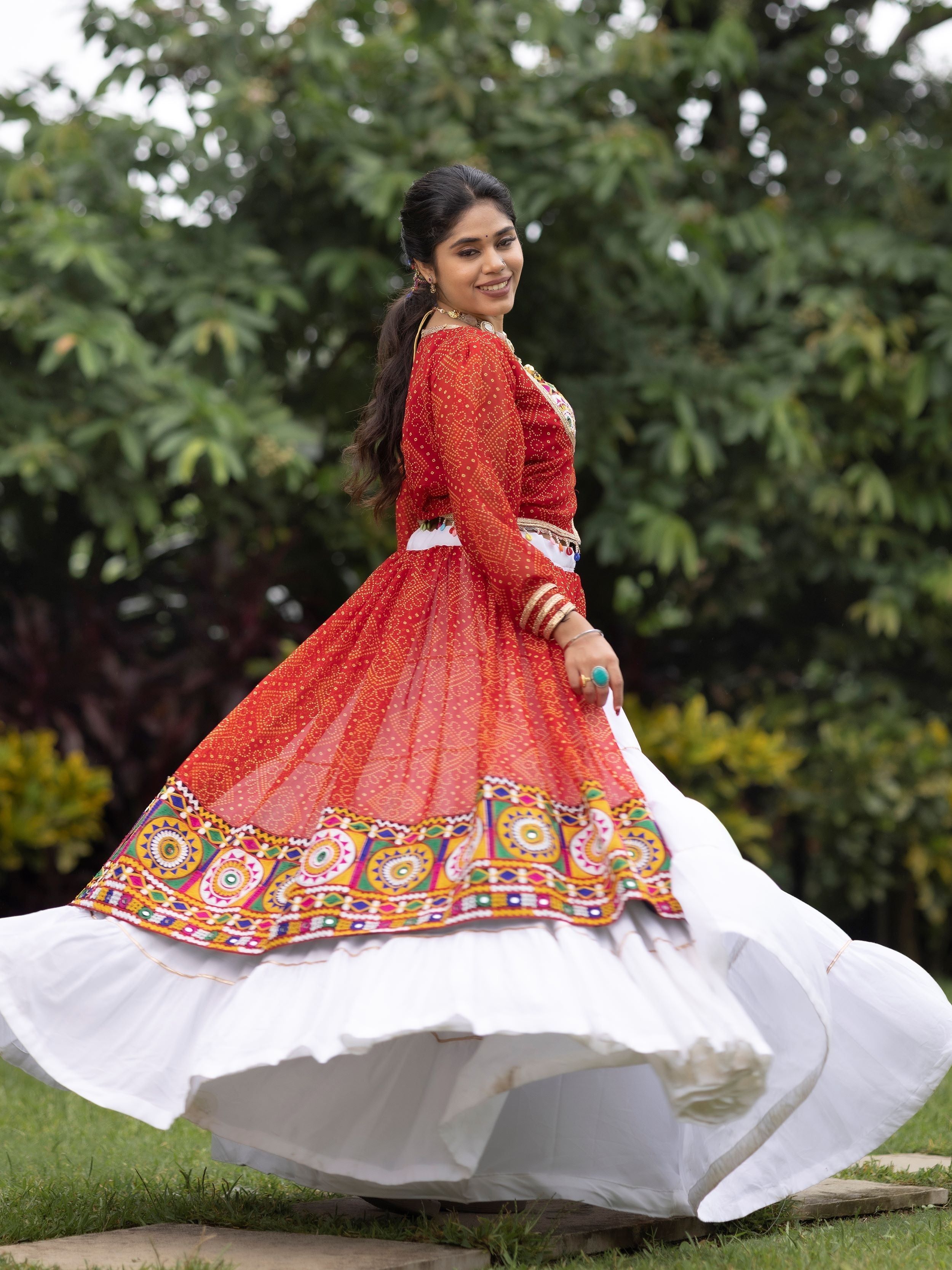 Regal White Rayon Bandhani Printed Navratri Wear Crop Top Lehenga