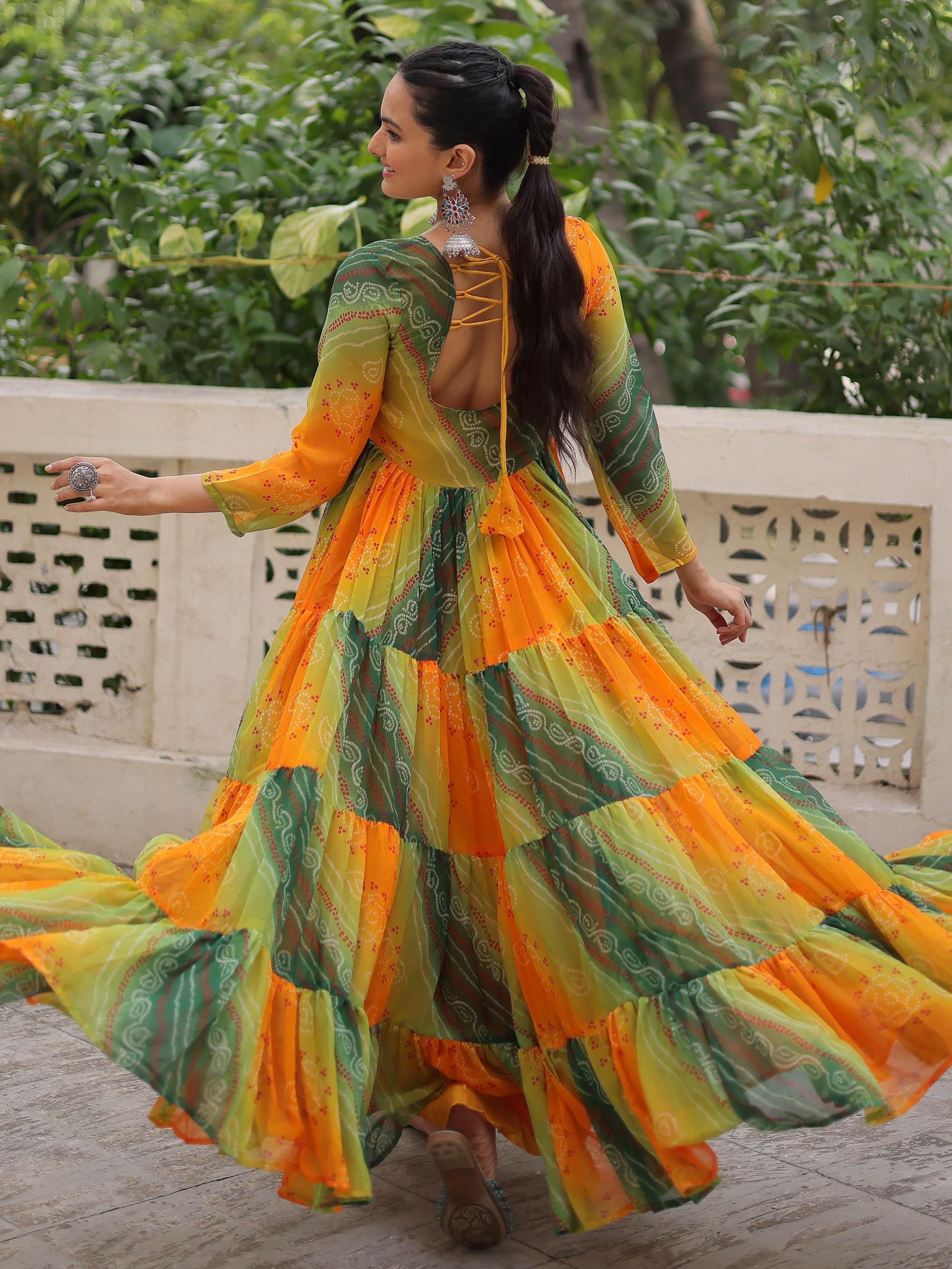 Timeless Yellow Leheriya Printed Georgette Traditional Gown