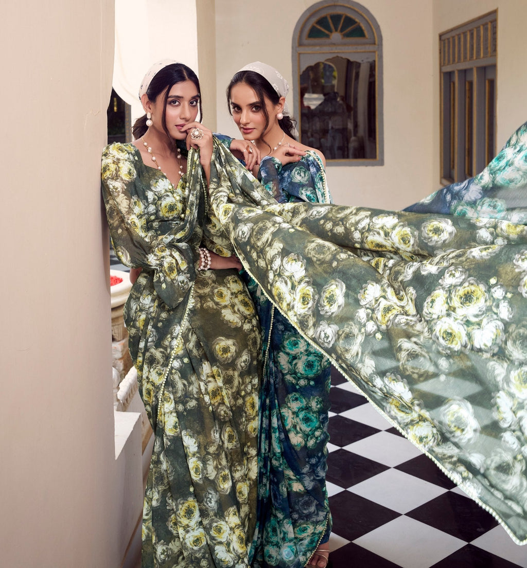Elegant Floral Printed Saree with Pearl Lace Border - ETHNICDEAL
