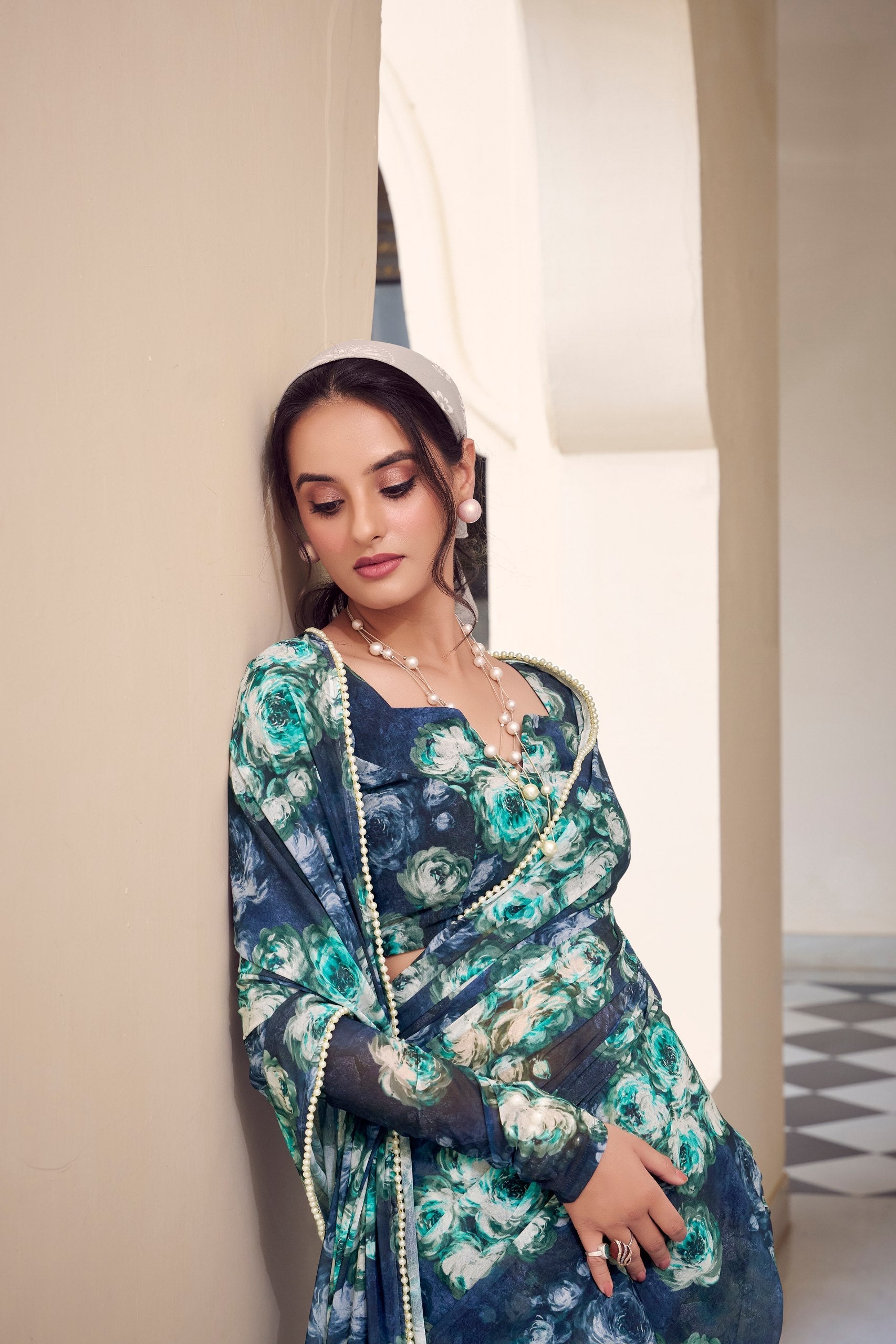 Elegant Floral Printed Saree with Pearl Lace Border - ETHNICDEAL