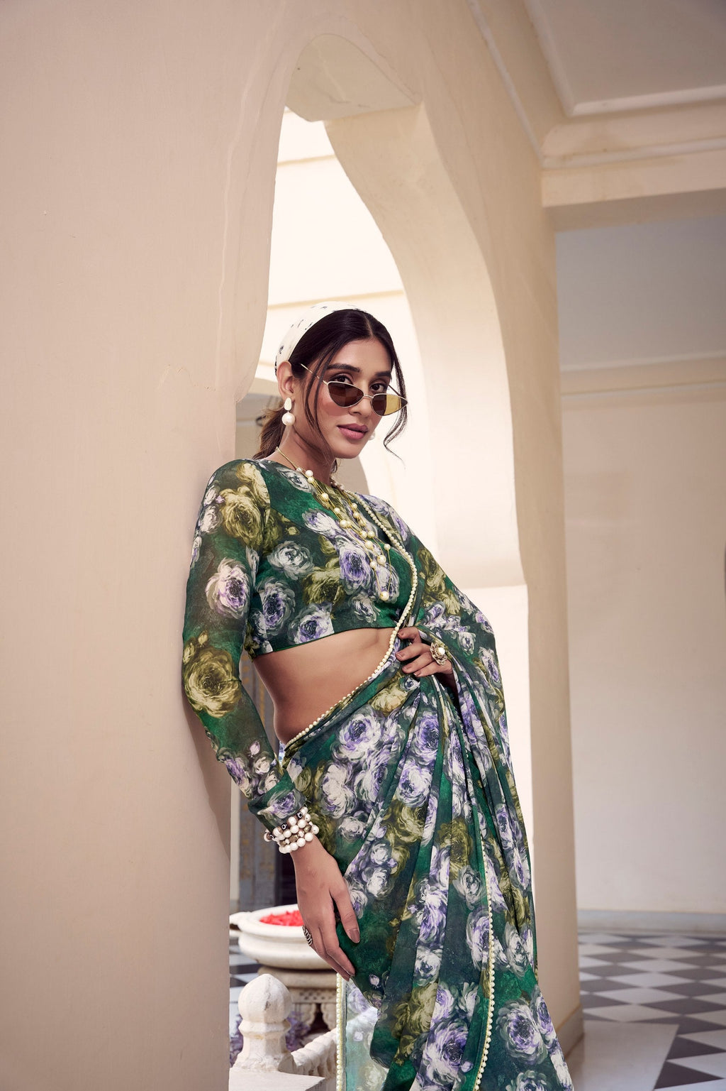 Elegant Floral Printed Saree with Pearl Lace Border - ETHNICDEAL