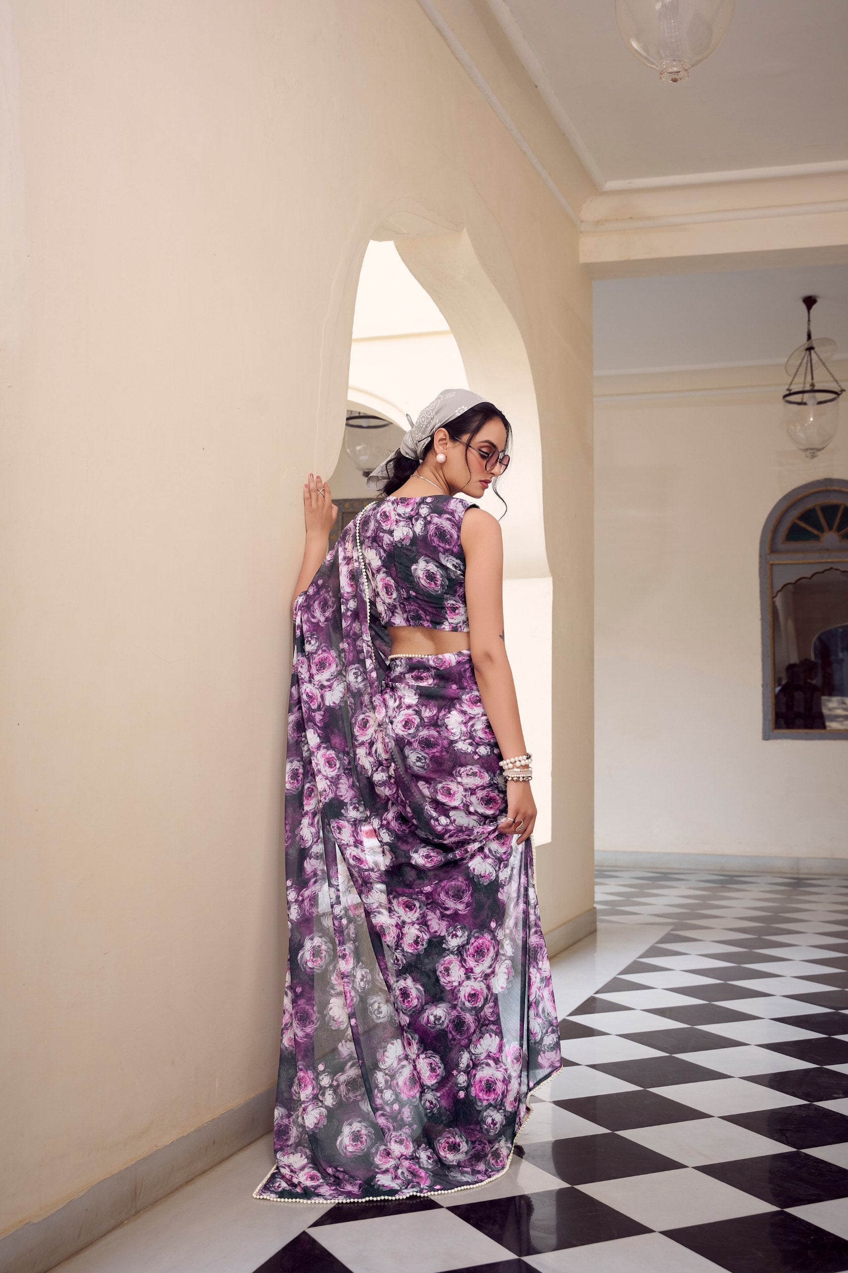 Elegant Floral Printed Saree with Pearl Lace Border - ETHNICDEAL