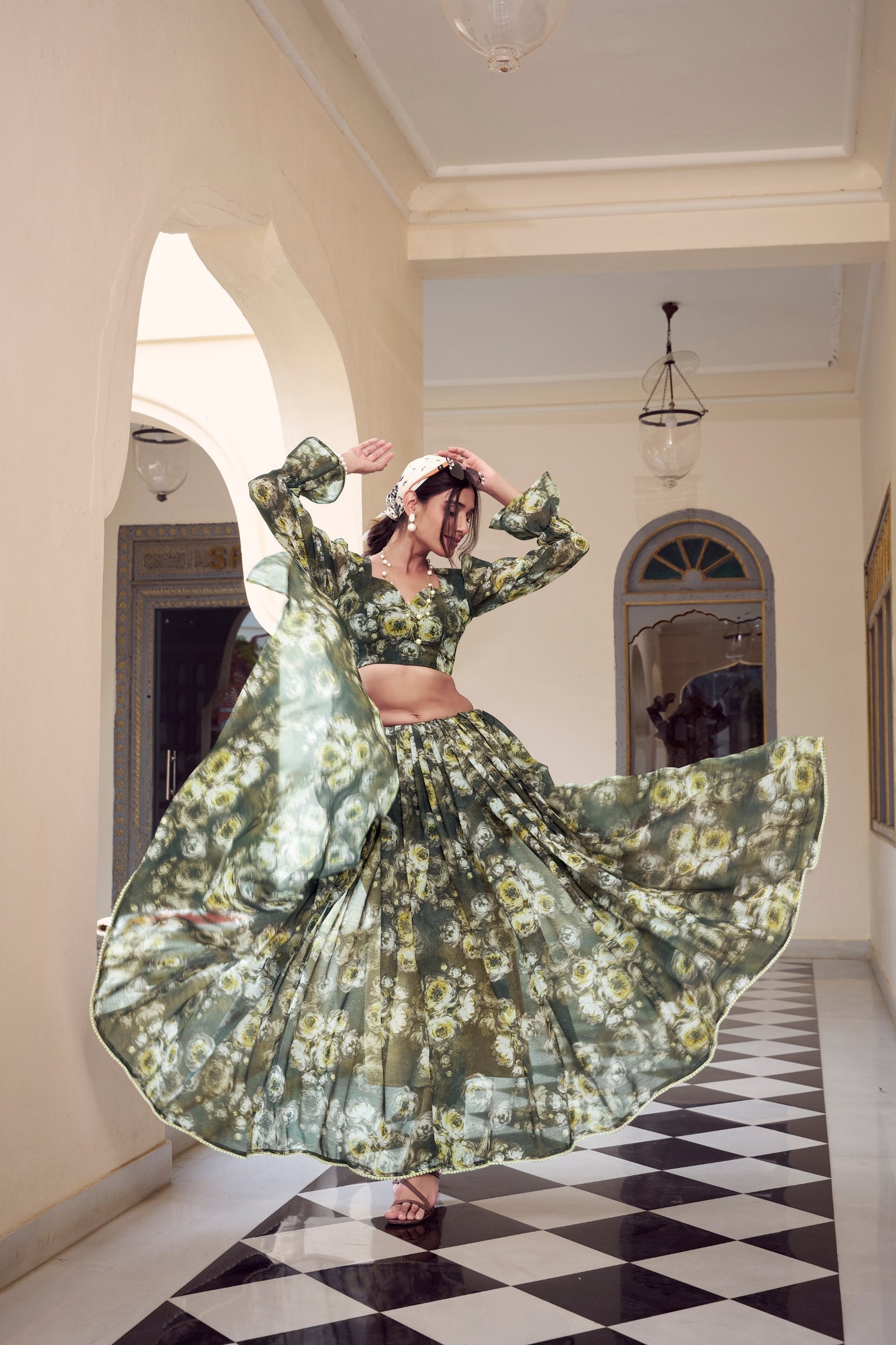 Elegant Floral Printed Saree with Pearl Lace Border - ETHNICDEAL