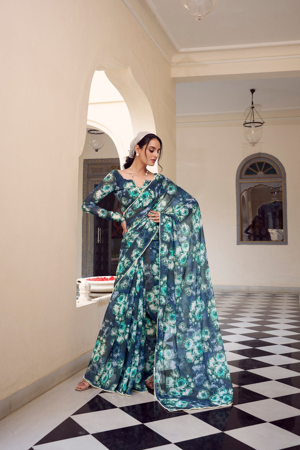 Elegant Floral Printed Saree with Pearl Lace Border - ETHNICDEAL