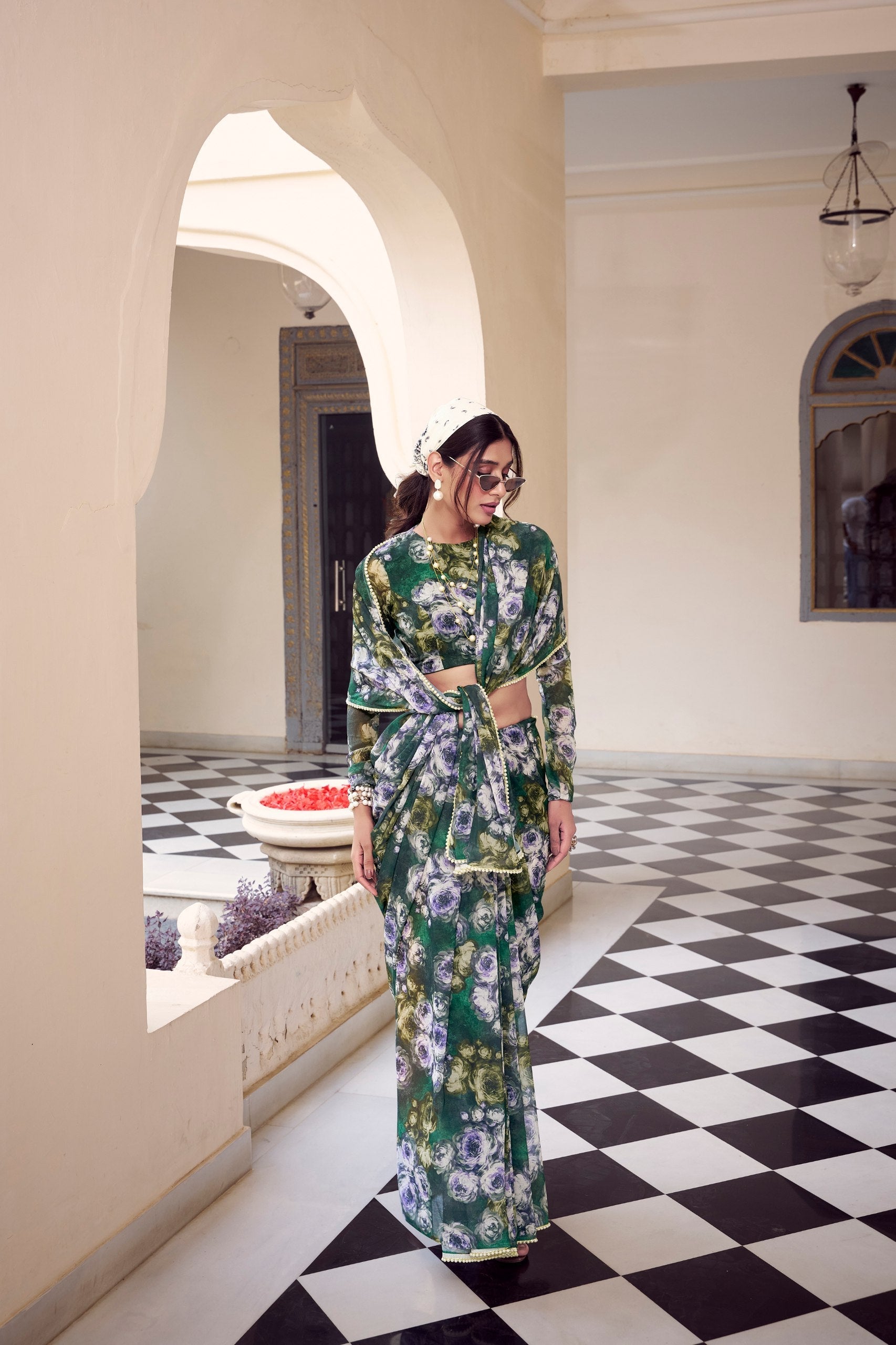 Elegant Floral Printed Saree with Pearl Lace Border - ETHNICDEAL