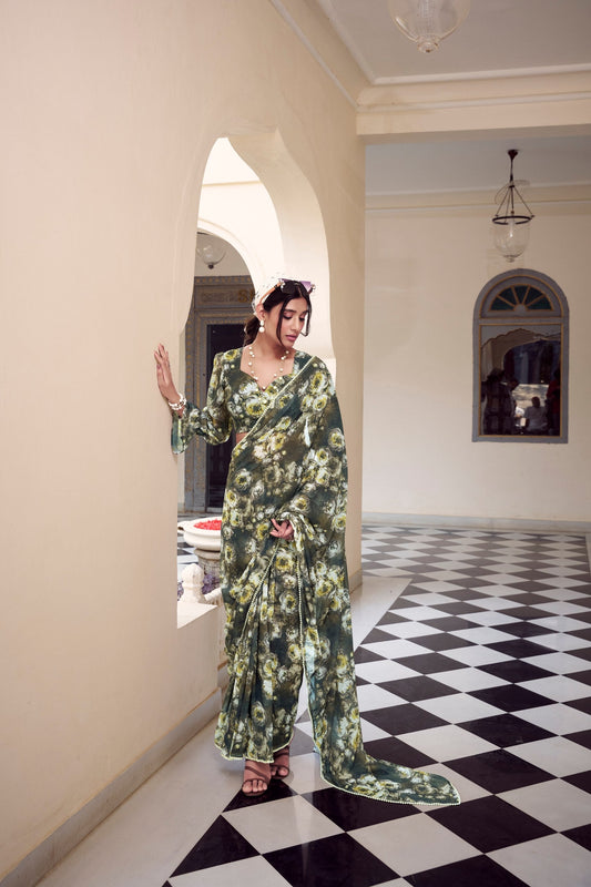 Elegant Floral Printed Saree with Pearl Lace Border - ETHNICDEAL